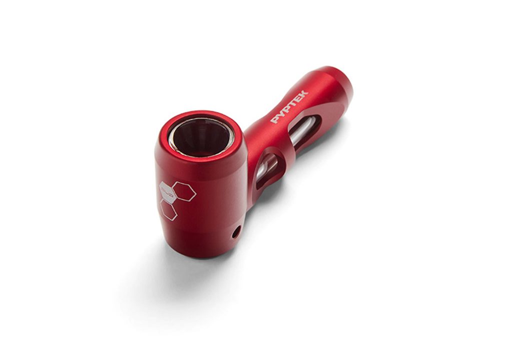 A PYPTEK all glass weed smoking pipe available in six anodized colors.